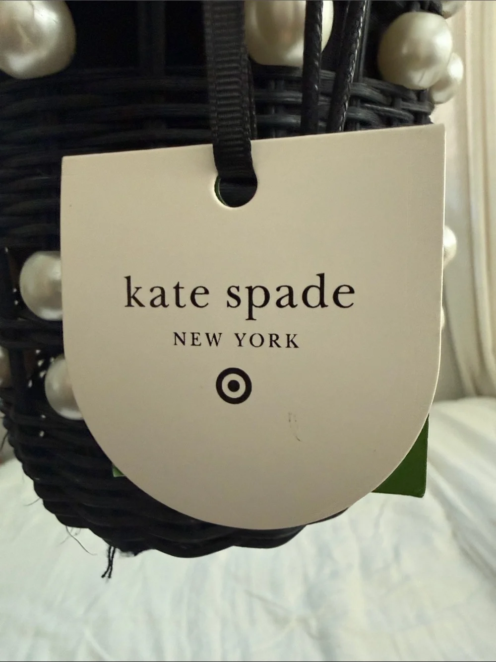 kate spade Black Wicker Bucket Bag with Pearl Accents